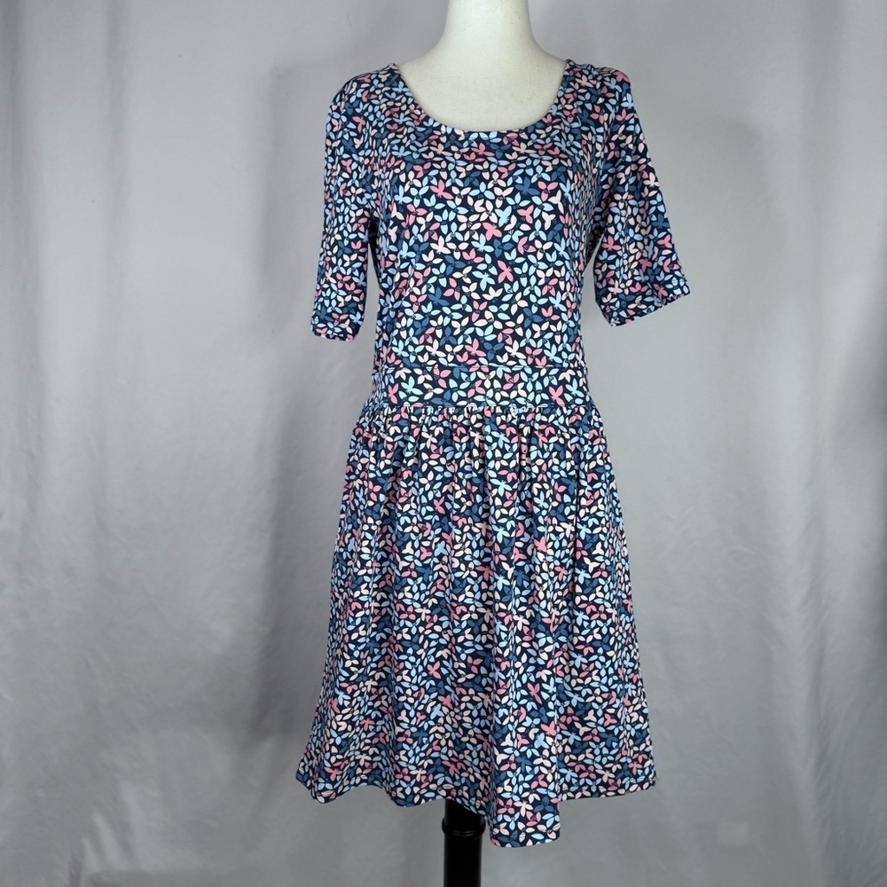 Lands' End dress floral jersey blue pink travel work short sleeves scoop neck S